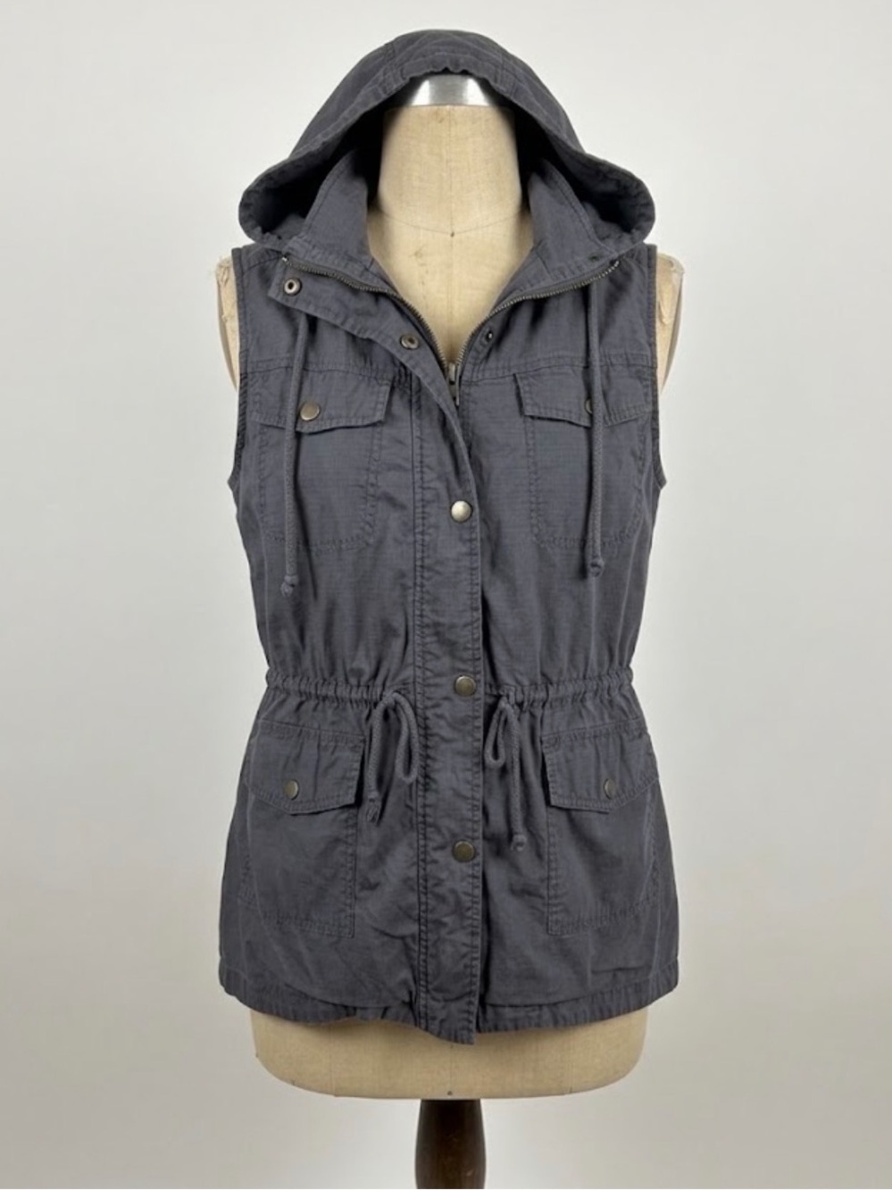Mudd Cargo Utility Vest Hooded Drawstring Cinch Waist Y2K Grunge Blue Grey L